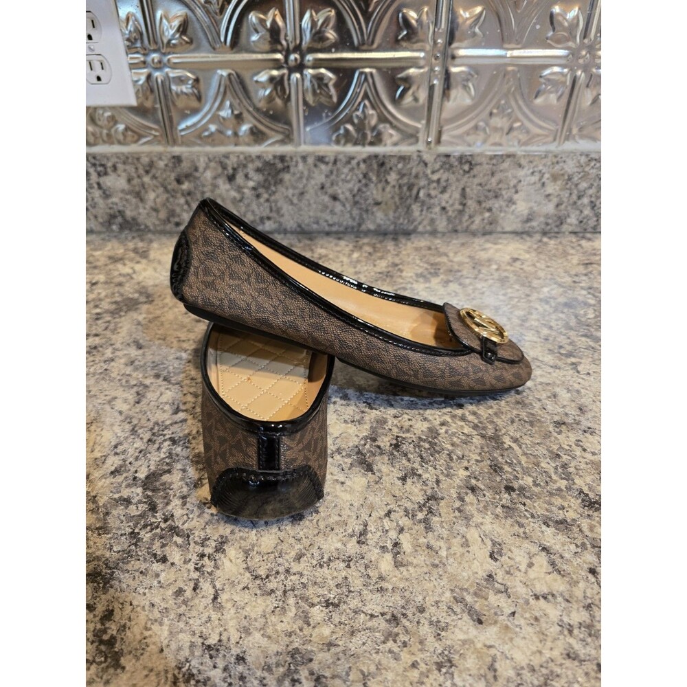 New Michael Michael Kors Women's Monogram Lillie Brown/Gold Flats Size 8